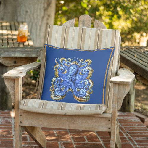 Nautical Marine Beach House Octopus Blue Elegant  Outdoor Pillow