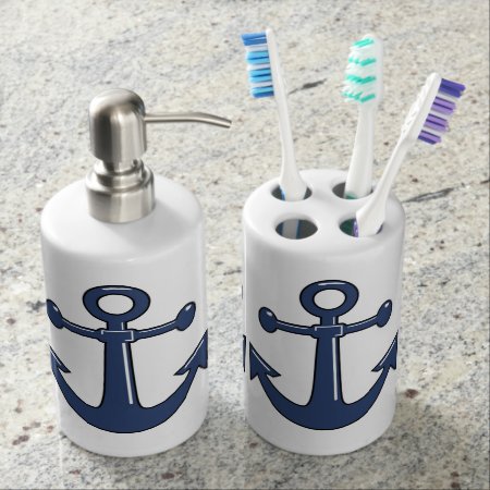 Nautical Marine Blue Boat Anchors Or Beach Soap Dispenser And Toothbru