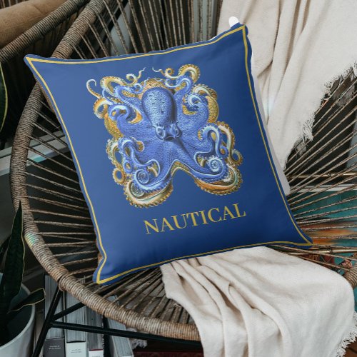 Nautical Marine Blue Octopus Boat Beach House Outdoor Pillow