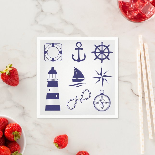 Nautical Marine Elements Navy Blue Coastal Icons Napkins (Creator Uploaded)