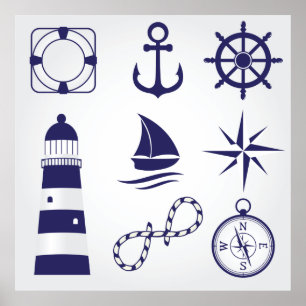 Nautical Marine Elements Navy Blue Coastal Icons Poster