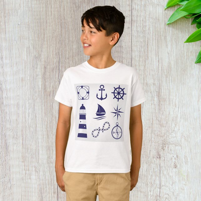 Nautical Marine Elements Navy Blue Coastal Icons T-Shirt (Creator Uploaded)