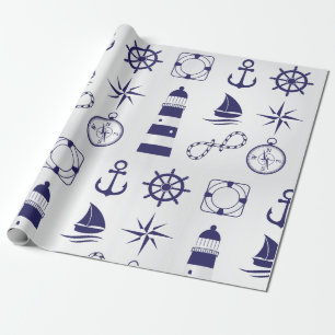 Nautical Marine Elements Navy Blue Coastal Icons Wrapping Paper