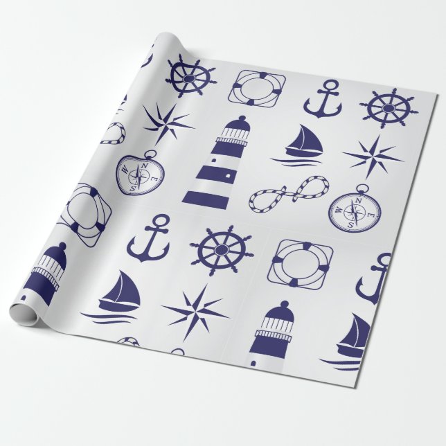 Nautical Marine Elements Navy Blue Coastal Icons Wrapping Paper (Unrolled)