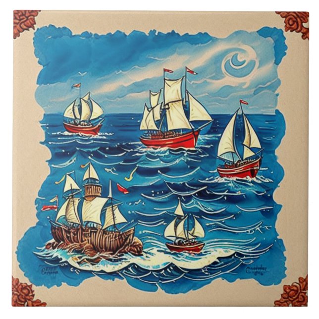 Nautical Marine Life traditional ceramic art no 2 Ceramic Tile (Front)