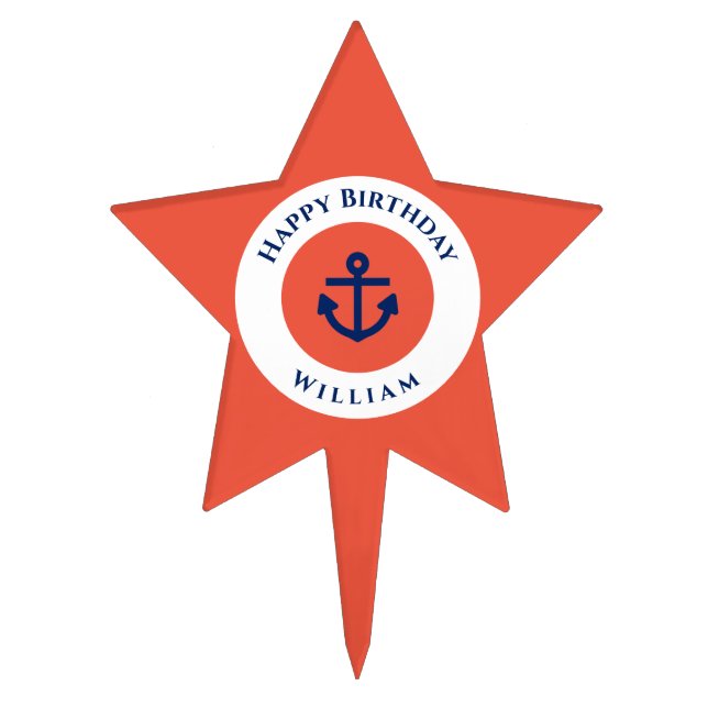 Nautical Marine Navy Blue Orange White Birthday Cake Topper (Front)