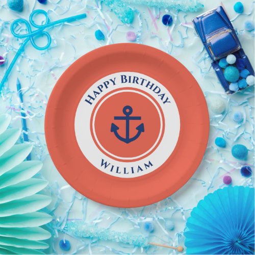 Nautical Marine Navy Blue Orange White Birthday Paper Plates