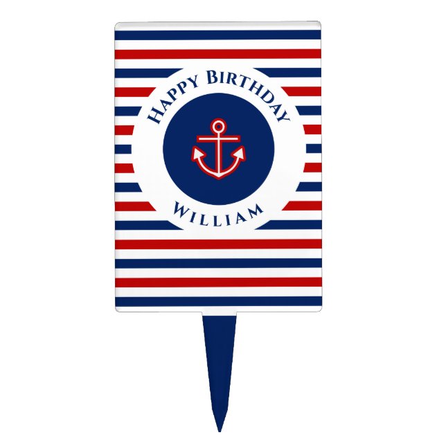 Nautical Marine Navy Blue Red White Birthday Cake Topper (Front)