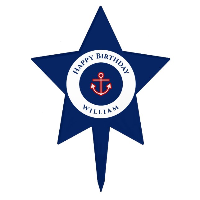 Nautical Marine Navy Blue Red White Birthday Party Cake Topper (Front)