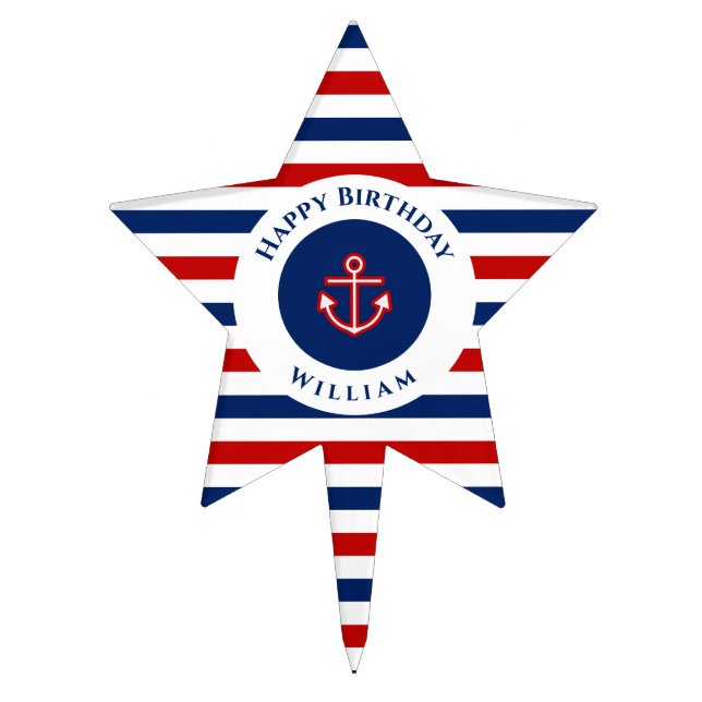 Nautical Marine Navy Blue Red White Birthday Party Cake Topper (Front)