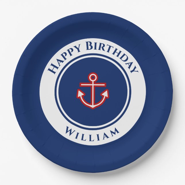Nautical Marine Navy Blue Red White Birthday Party Paper Plates (Front)