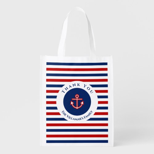 Nautical Marine Navy Blue Red White Stripe Grocery Bag