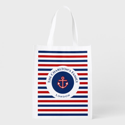 Nautical Marine Navy Blue Red White Stripe Grocery Bag