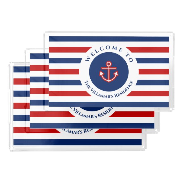 Nautical Marine Navy Blue Red White Stripes Acrylic Tray (Set)