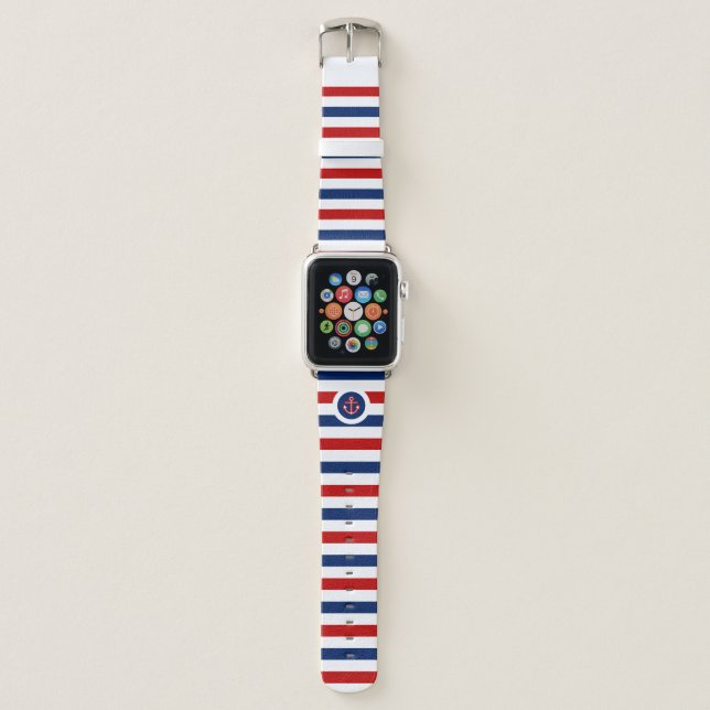 Nautical Marine Navy Blue Red White Stripes Anchor Apple Watch Band (Front)