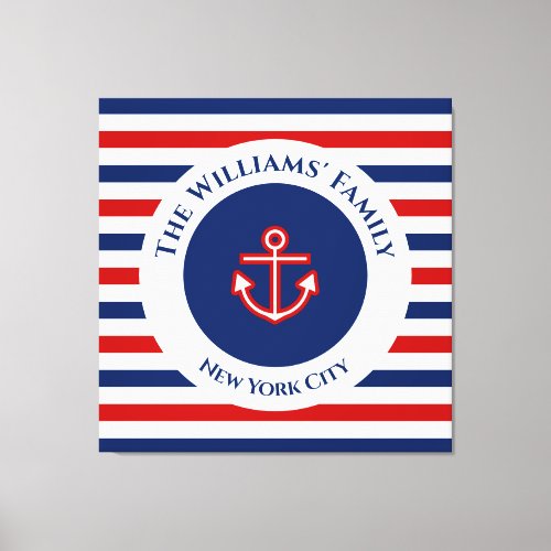 Nautical Marine Navy Blue Red White Stripes Anchor Canvas Print