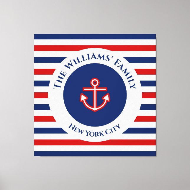 Nautical Marine Navy Blue Red White Stripes Anchor Canvas Print (Front)