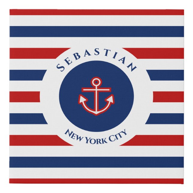 Nautical Marine Navy Blue Red White Stripes Anchor Faux Canvas Print (Front)