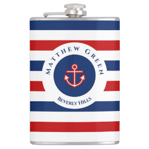 Nautical Marine Navy Blue Red White Stripes Anchor Flask
