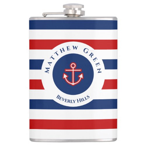 Nautical Marine Navy Blue Red White Stripes Anchor Flask