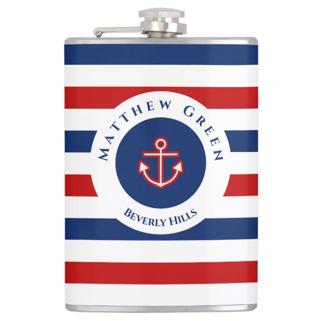 Nautical Marine Navy Blue Red White Stripes Anchor Flask (Front)