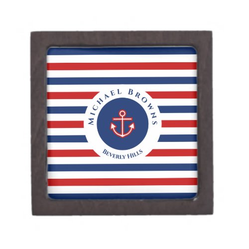 Nautical Marine Navy Blue Red White Stripes Anchor Gift Box