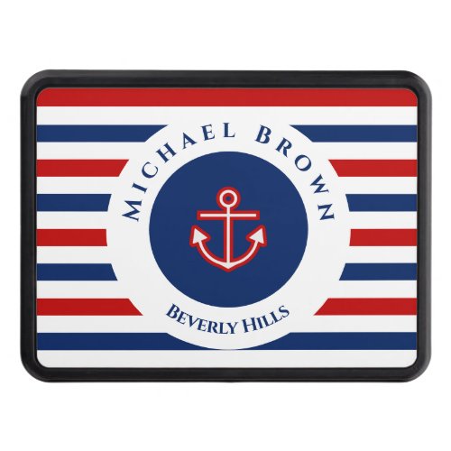 Nautical Marine Navy Blue Red White Stripes Anchor Hitch Cover