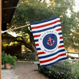 Nautical Marine Navy Blue Red White Stripes Anchor House Flag