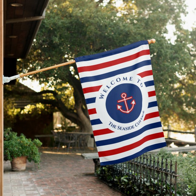 Nautical Marine Navy Blue Red White Stripes Anchor House Flag (In SItu)