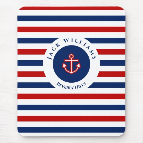 Nautical Marine Navy Blue Red White Stripes Anchor Mouse Pad