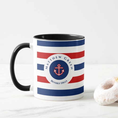 Nautical Marine Navy Blue Red White Stripes Anchor Mug