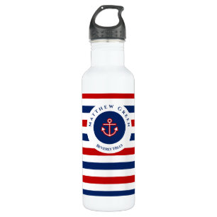 Nautical Marine Navy Blue Red White Stripes Anchor Stainless Steel Water Bottle
