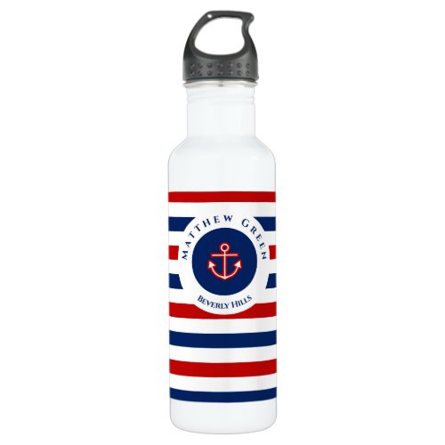 Nautical Marine Navy Blue Red White Stripes Anchor Stainless Steel Water Bottle