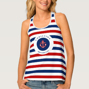 Nautical Marine Navy Blue Red White Stripes Anchor Tank Top