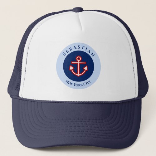Nautical Marine Navy Blue Red White Stripes Anchor Trucker Hat