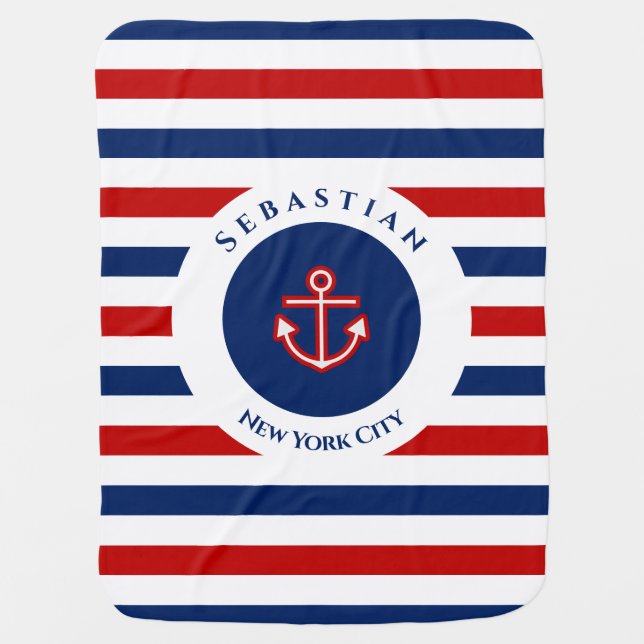 Nautical Marine Navy Blue Red White Stripes Baby Blanket (Front)
