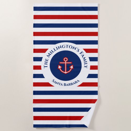 Nautical Marine Navy Blue Red White Stripes Beach Towel