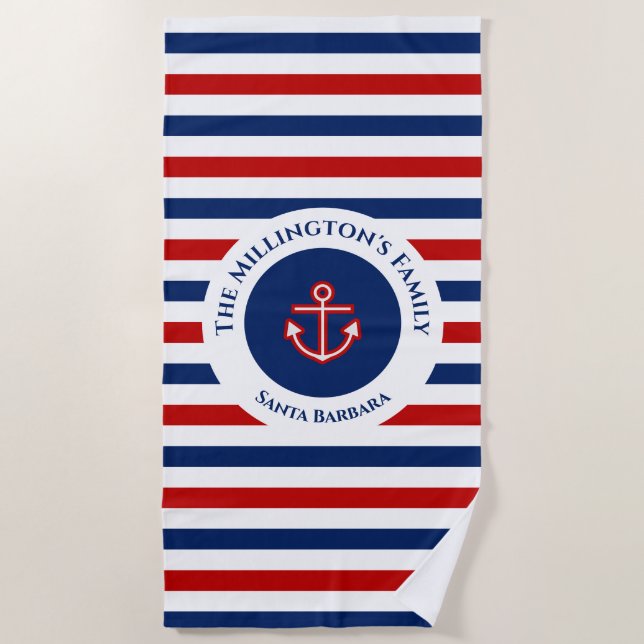 Nautical Marine Navy Blue Red White Stripes Beach Towel (Front)