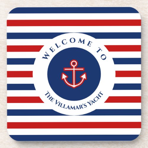 Nautical Marine Navy Blue Red White Stripes Beverage Coaster