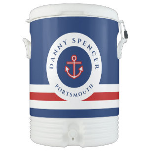 Nautical Marine Navy Blue Red White Stripes Beverage Cooler