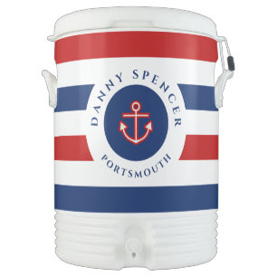 Nautical Marine Navy Blue Red White Stripes Beverage Cooler