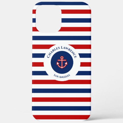Nautical Marine Navy Blue Red White Stripes iPhone 12 Pro Max Case