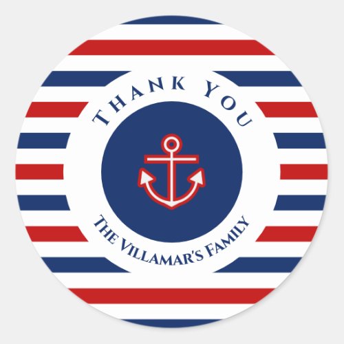 Nautical Marine Navy Blue Red White Stripes Classic Round Sticker