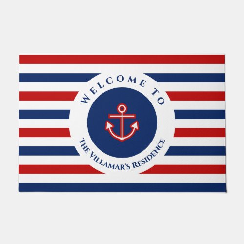 Nautical Marine Navy Blue Red White Stripes Doormat
