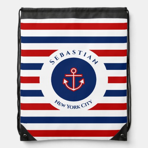 Nautical Marine Navy Blue Red White Stripes Drawstring Bag