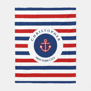 Nautical Marine Navy Blue Red White Stripes Fleece Blanket