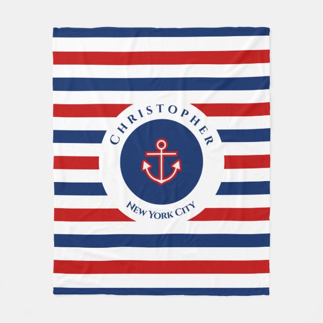 Nautical Marine Navy Blue Red White Stripes Fleece Blanket (Front)