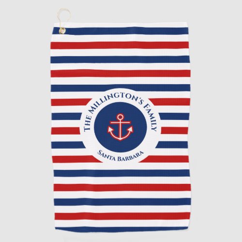 Nautical Marine Navy Blue Red White Stripes Golf Towel