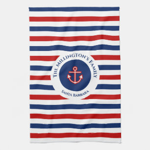Nautical Marine Navy Blue Red White Stripes Kitchen Towel