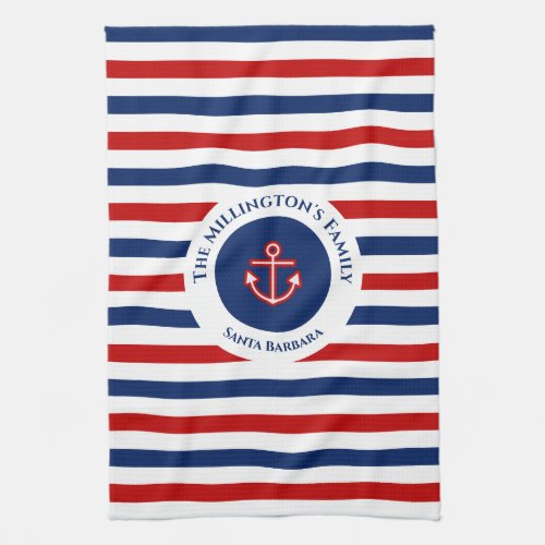 Nautical Marine Navy Blue Red White Stripes Kitchen Towel